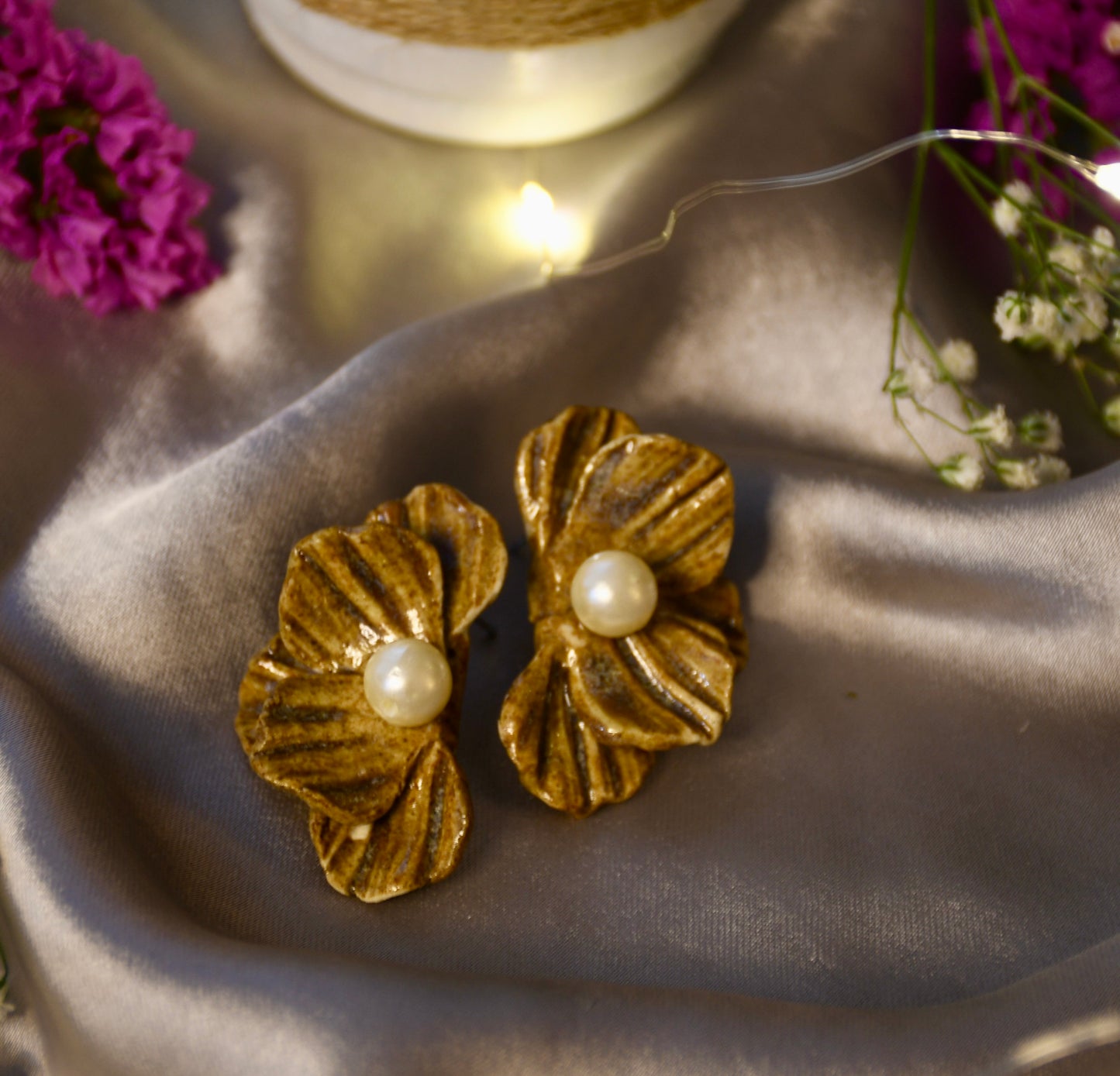 Fully Handmade Light Brown Ceramic Earrings