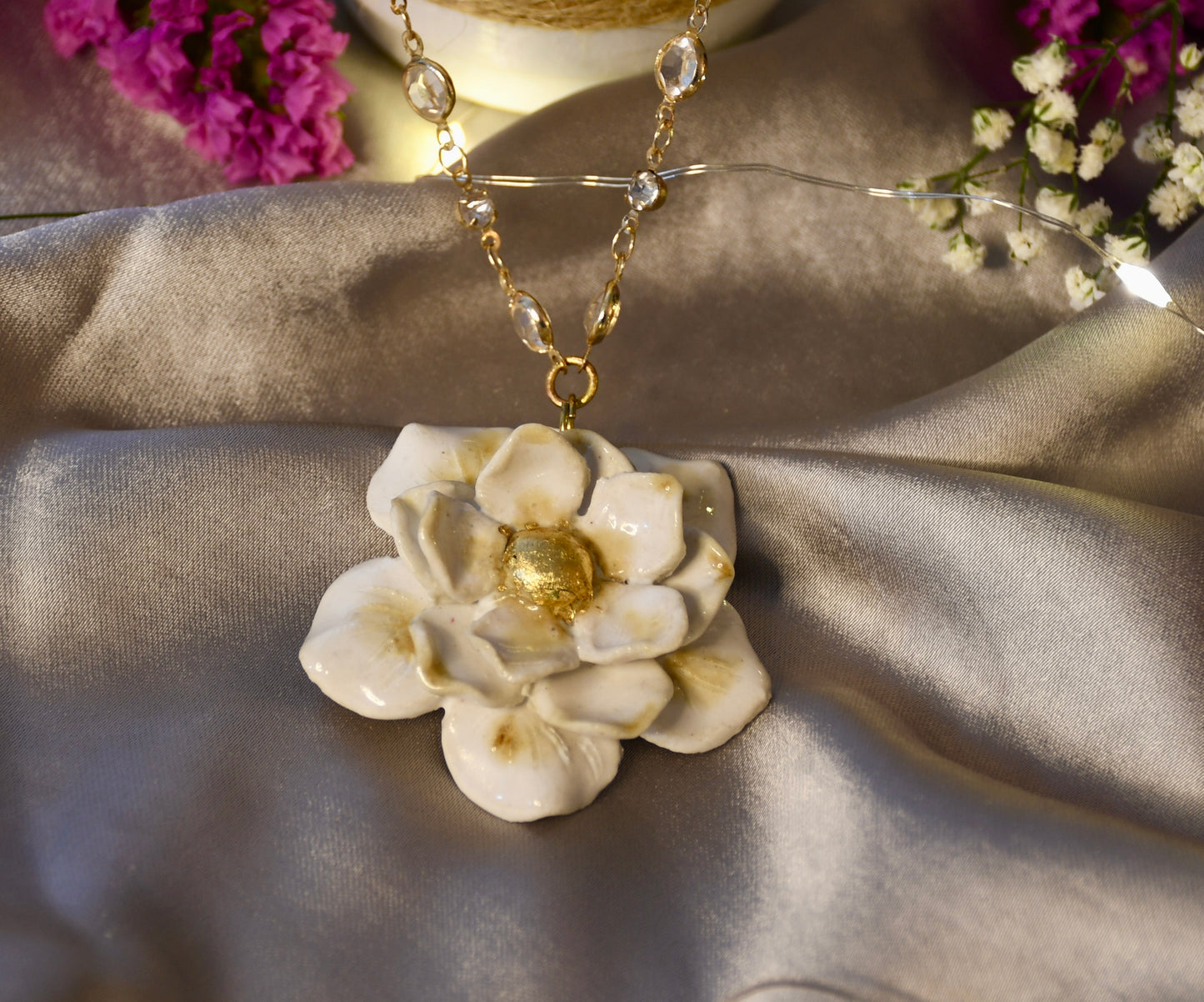 Beautifully Handcrafted White and Gold Ceramic Necklace