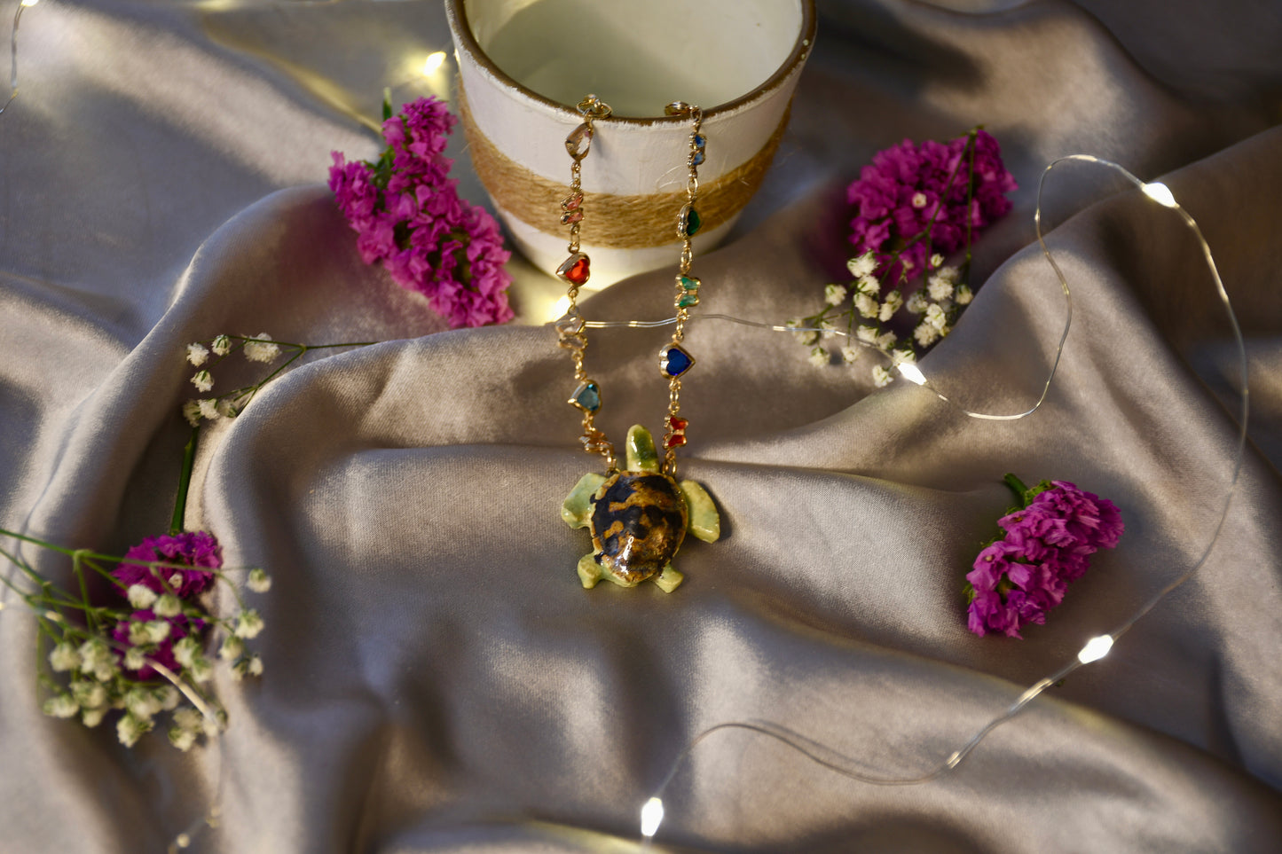 Beautifully Handcrafted Multi Coloured Turtle Ceramic Necklace