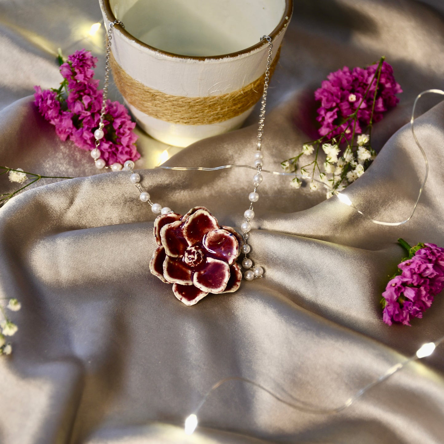 Beautifully Handcrafted Dark Red Ceramic Necklace