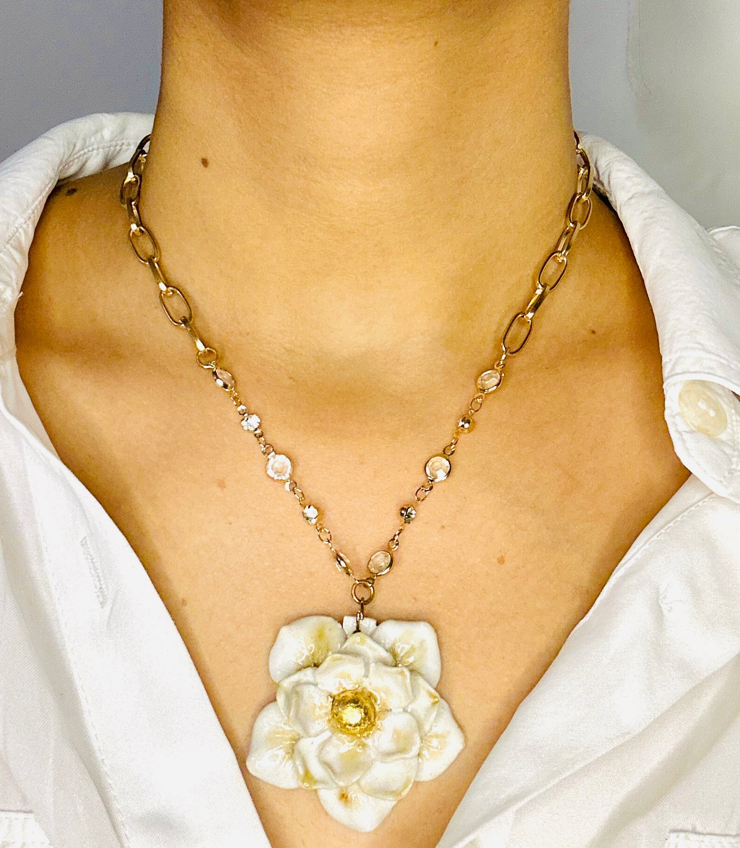 Beautifully Handcrafted White and Gold Ceramic Necklace