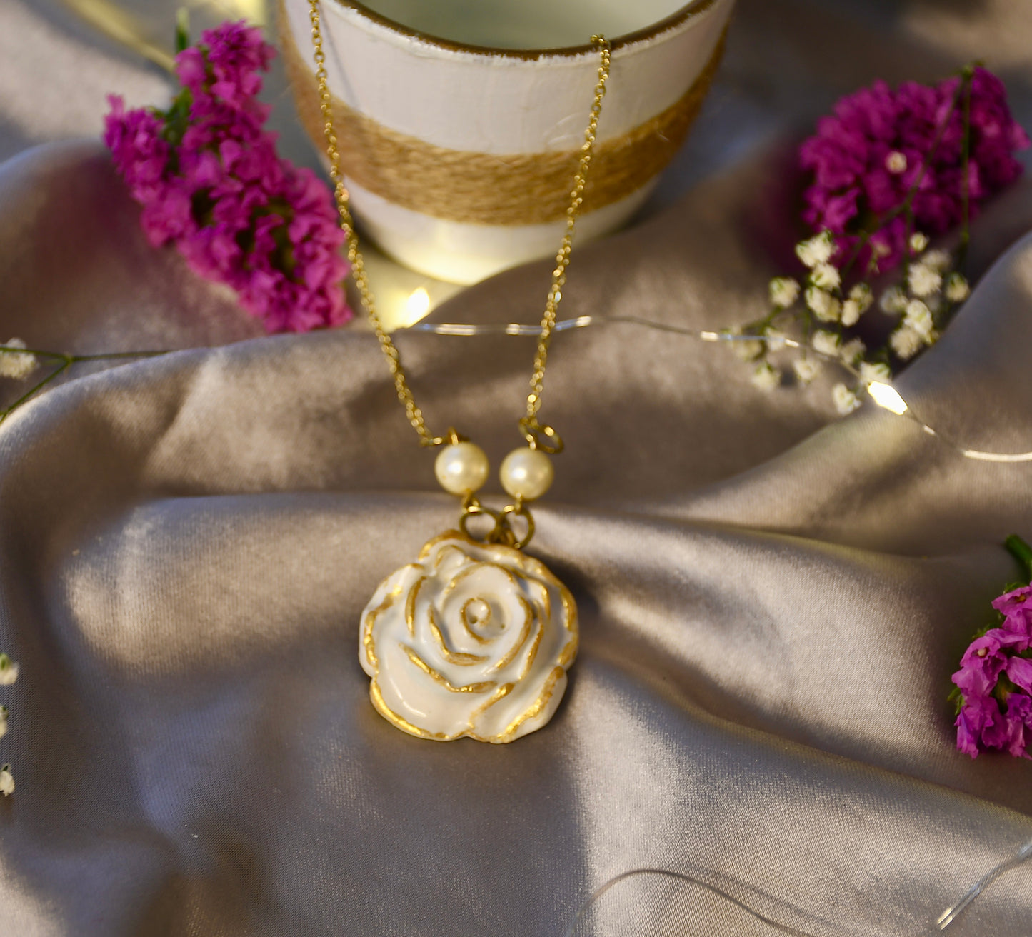 Beautifully Handcrafted White and Gold Ceramic Necklace