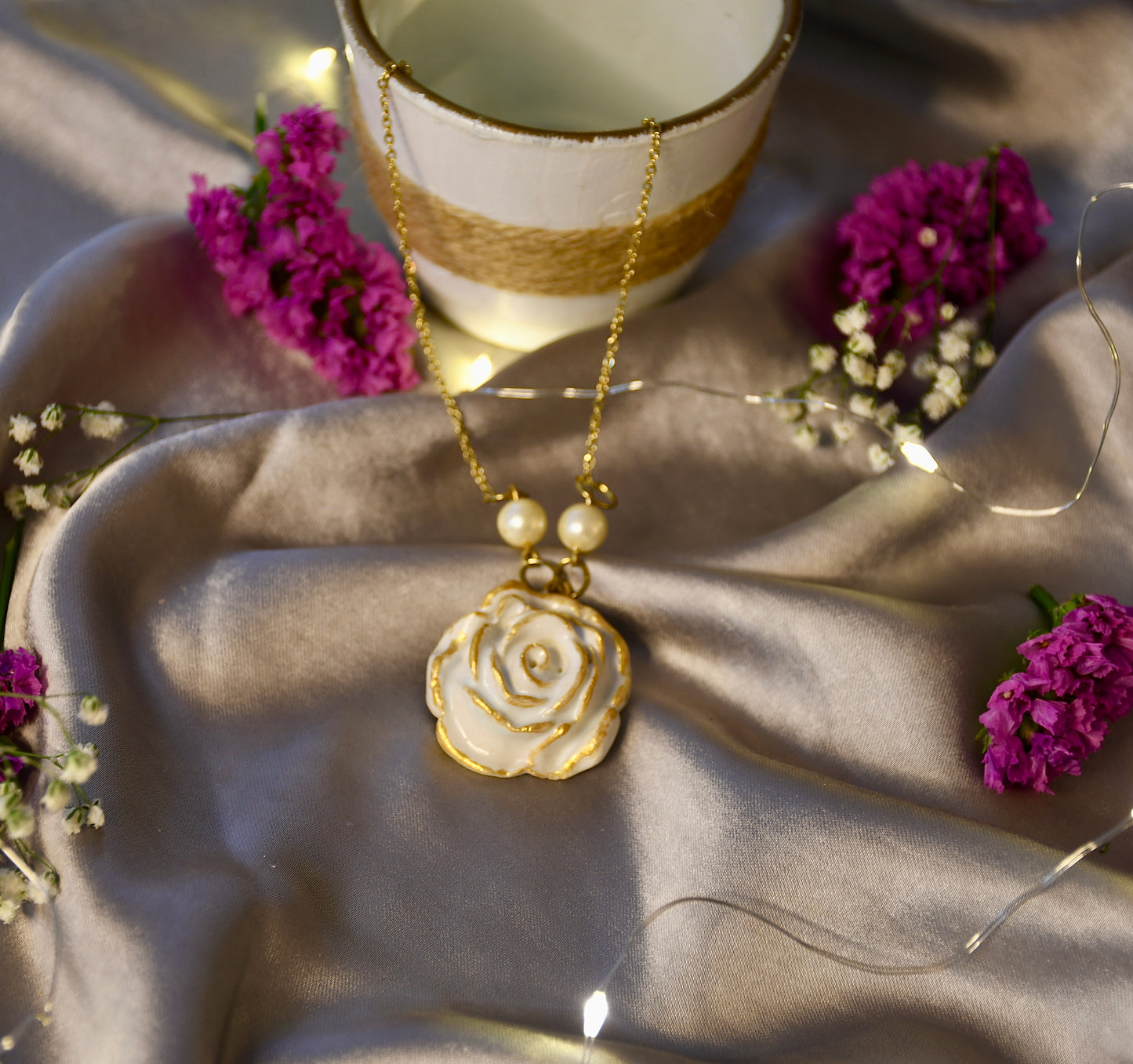 Beautifully Handcrafted White and Gold Ceramic Necklace