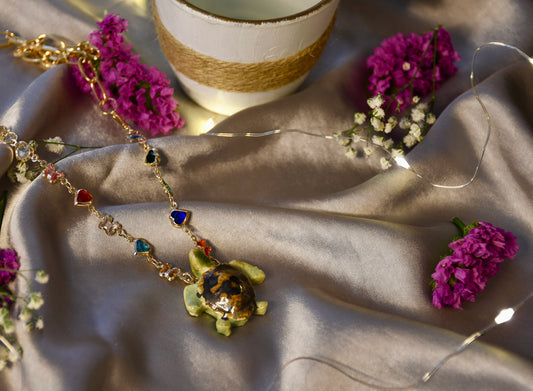Beautifully Handcrafted Multi Coloured Turtle Ceramic Necklace
